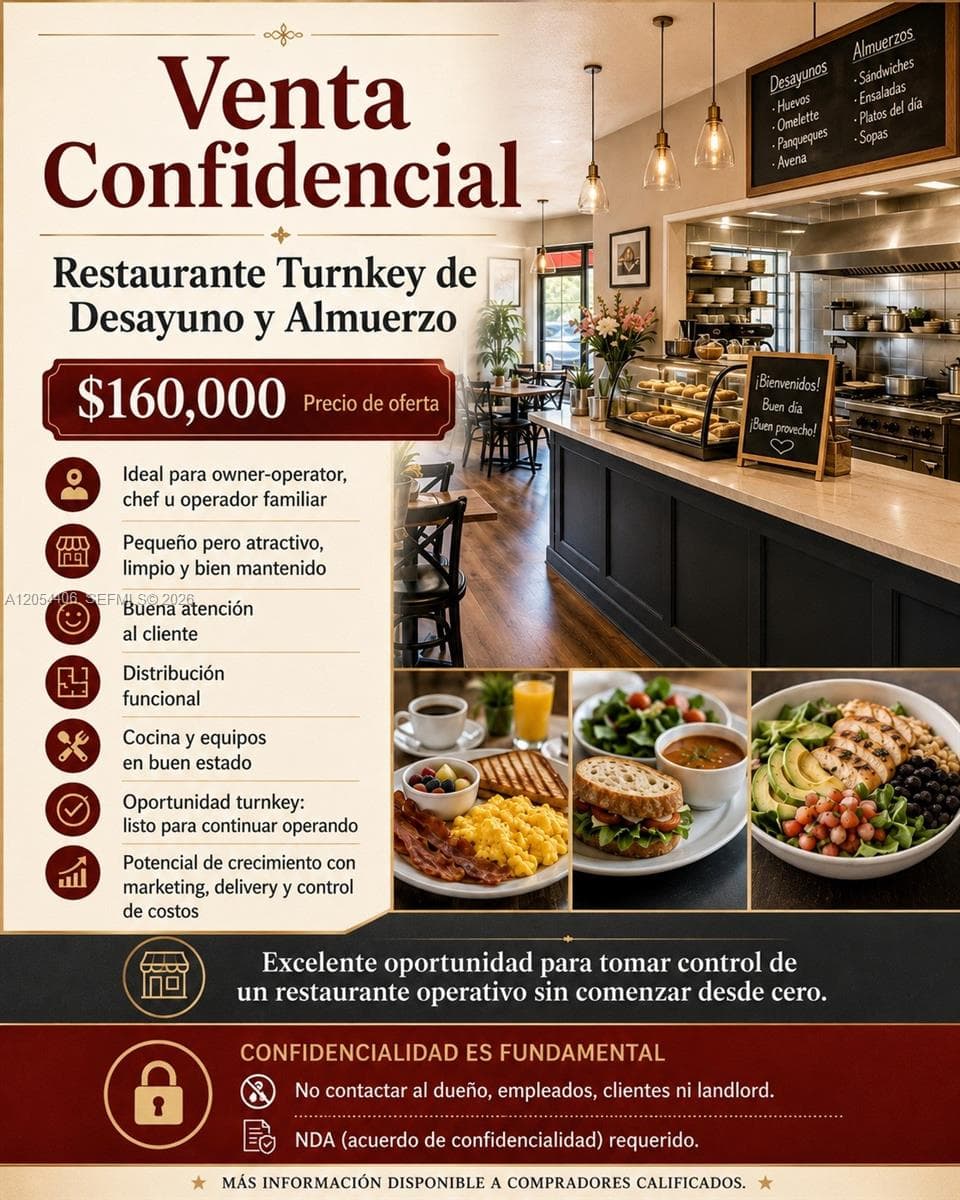 Confidential Turnkey Breakfast & Lunch Restaurant, Miami FL 33165