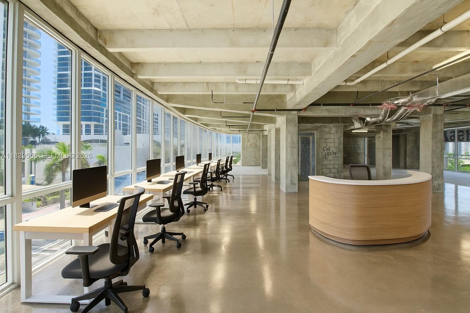 Example rendering conceptual of finished office build out. Design either enclosed or open floor plans.